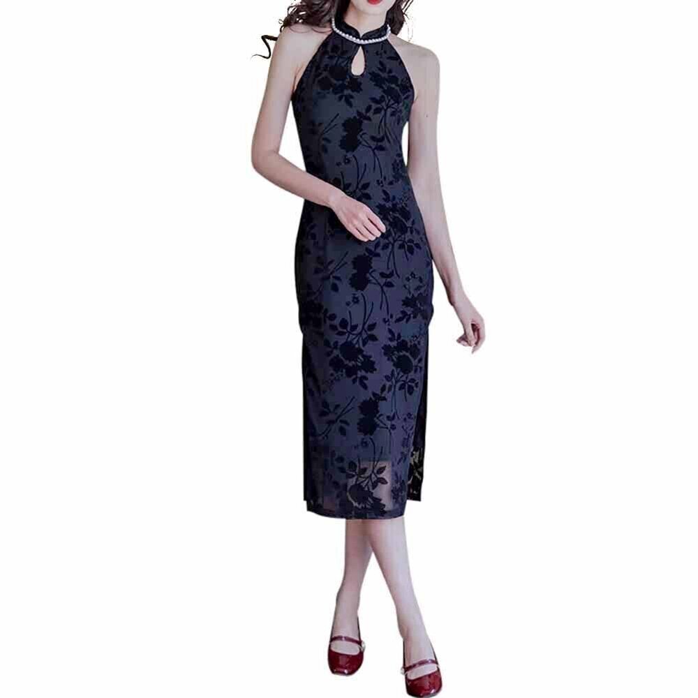 6825 Vintage Sleeveless Cheongsam Costume Lace Embroidery Halter Mandarin